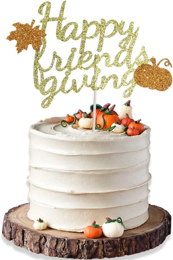 Happy Friendsgiving Cake Topper Glitter Thanksgiving Decoration Autumn Fall Harvest Maple Pumpkin Picks Holiday Friends Party Supplies