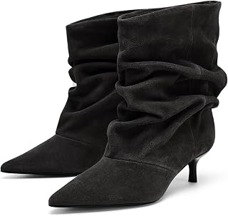 Coutgo Womens Slouchy Ankle Boots Kitten Heel Pointed Toe Pull On Booties | 2.2-inch Low Heel,Dress Shoes,Fall Winter,Dressy Casual,Work Office,Party Prom,Short Boots
