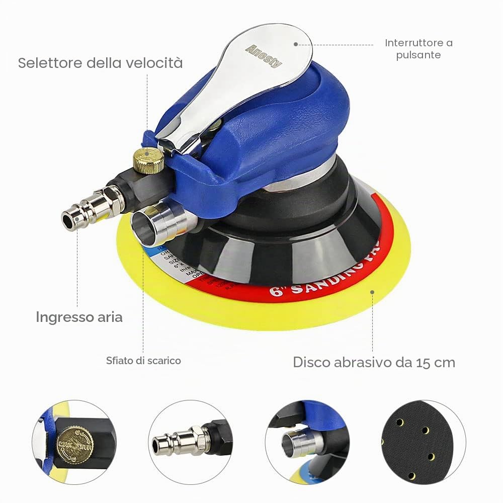 Anesty -Levigatrice eccentrica ad aria compressa pneumatica orbitale con disco Ø 150 mm 6"