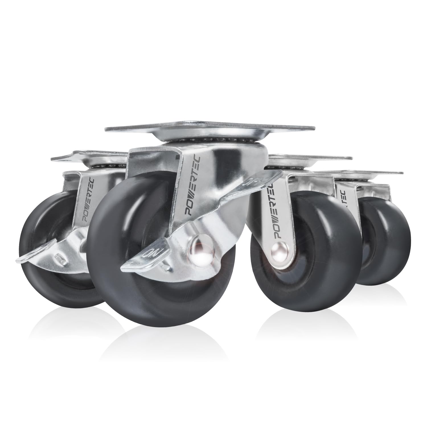 POWERTEC 2 Inch Swivel Caster Wheels Set of 4 with 264 lbs Loads (2 with Brakes & 2 Without), Heavy Duty Plate Casters, Rubber Castor Wheels for
