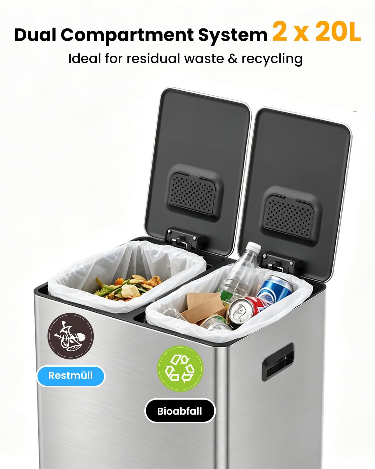 YEAUPE PRO Cubo de Basura Cocina 40L 2x20L, Cubo Basura Doble para Reciclaje, Papelera Cocina Acero Inoxidable con Pedal, 2 Compartimentos, Tapas Soft Close, Cubetas Extraíbles, Antiolores, 15 Bolsas