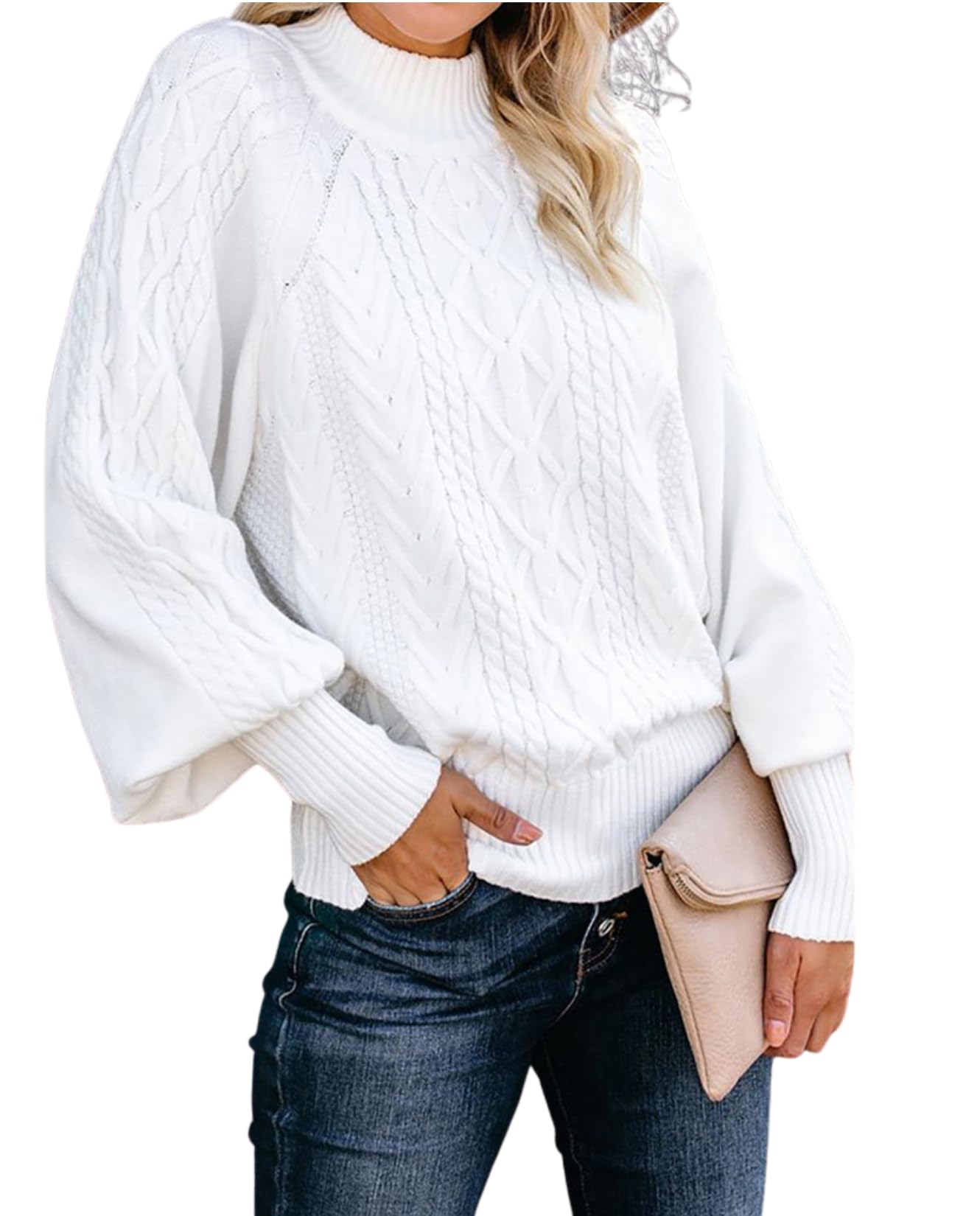 Womens Chunky Cable Knit Turtleneck Sweater Winter Pullover with Puff Sleeves Solid Color Loose Fit Top