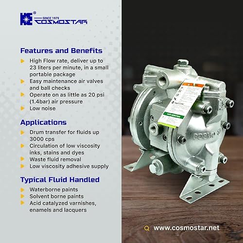 Miniatura 9 de COSMOSTAR D0902 Bomba de diafragma de aire doble de 38", cuerpo de aluminio, bola de teflón, asiento y diafragma, silenciador de bomba, bomba