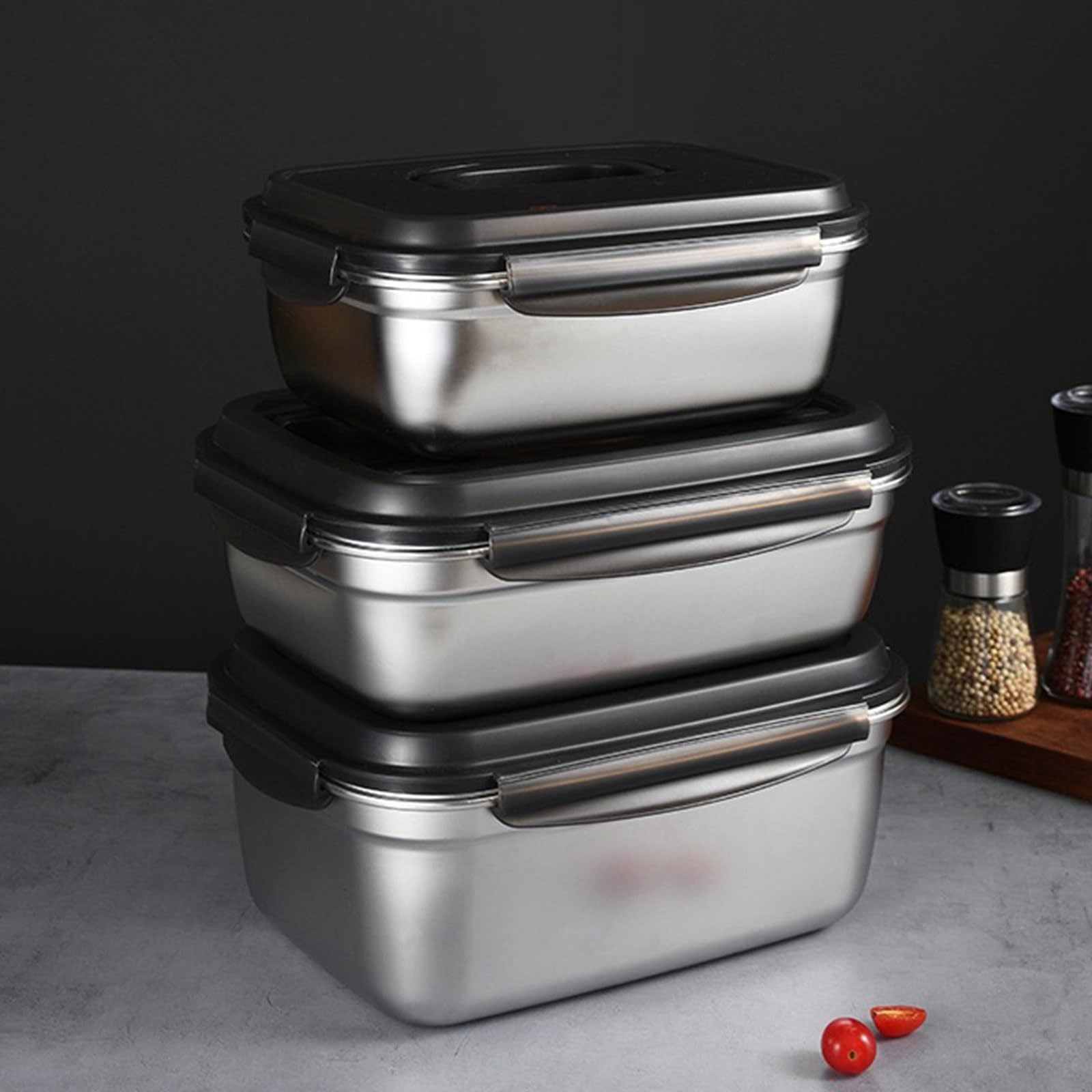Contenedor de almacenamiento de alimentos de acero inoxidable sellado con cubierta segura para mantener las comidas frescas, ideal para cocina, oficina, almuerzo