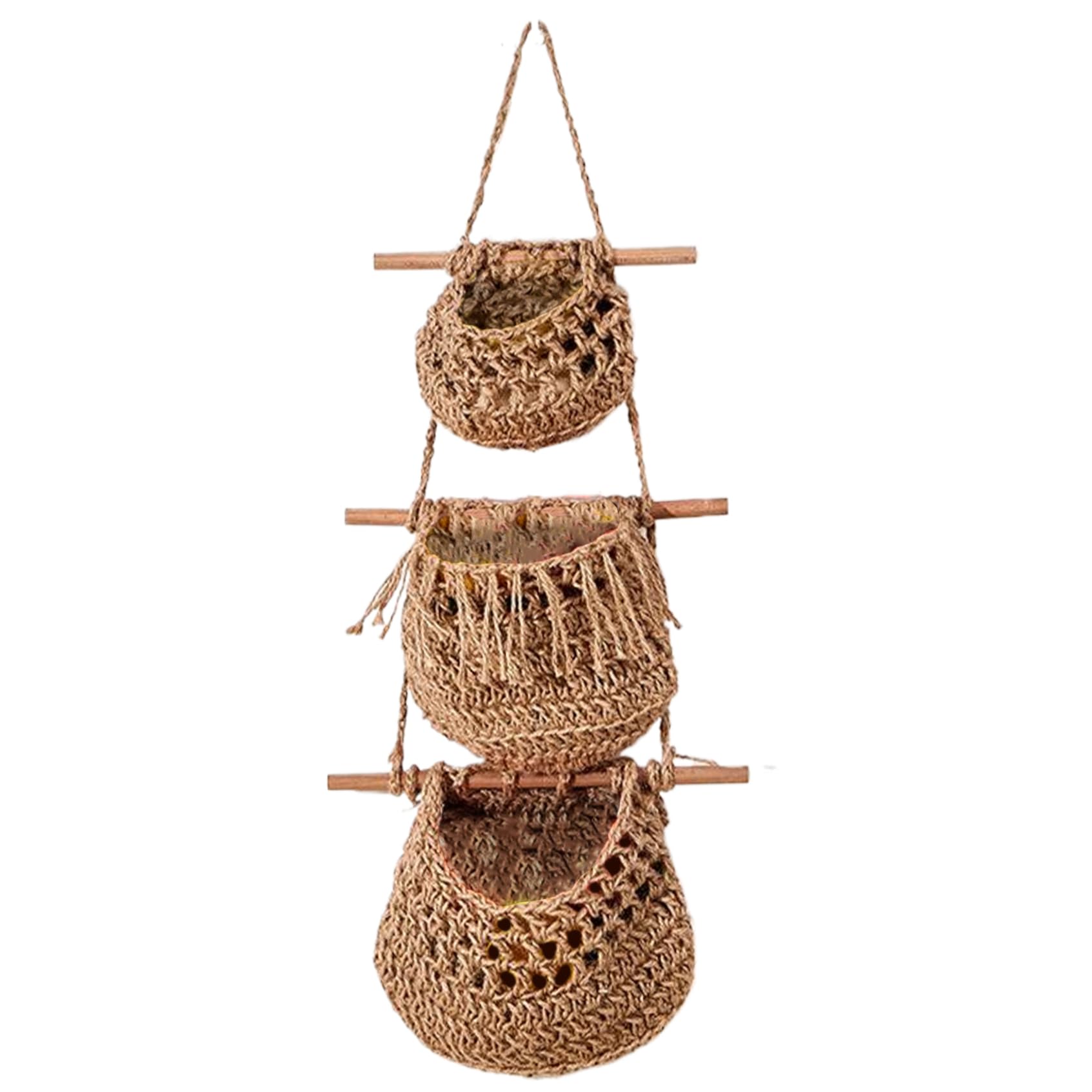 Cesta de frutas colgante de 3 niveles elimina el desorden en encimeras con yute natural