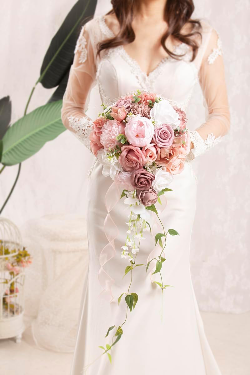 Bridal Bouquet Cascading, Dusty Rose Wedding Bouquets for Bride Bridesmaid 10" Artificial Flowers Bouquet for Wedding Decor