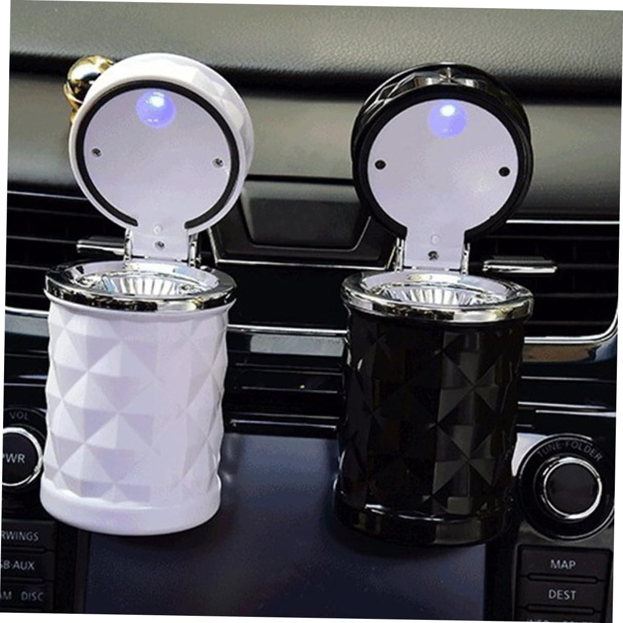 Hemobllo 2pcs Unique Car Ashtray with LED Light Portable Cigarette Ash Holder for Vehicle Elegant Diamond-cut Design Multimodel Compatible Auto Ashtray White Black