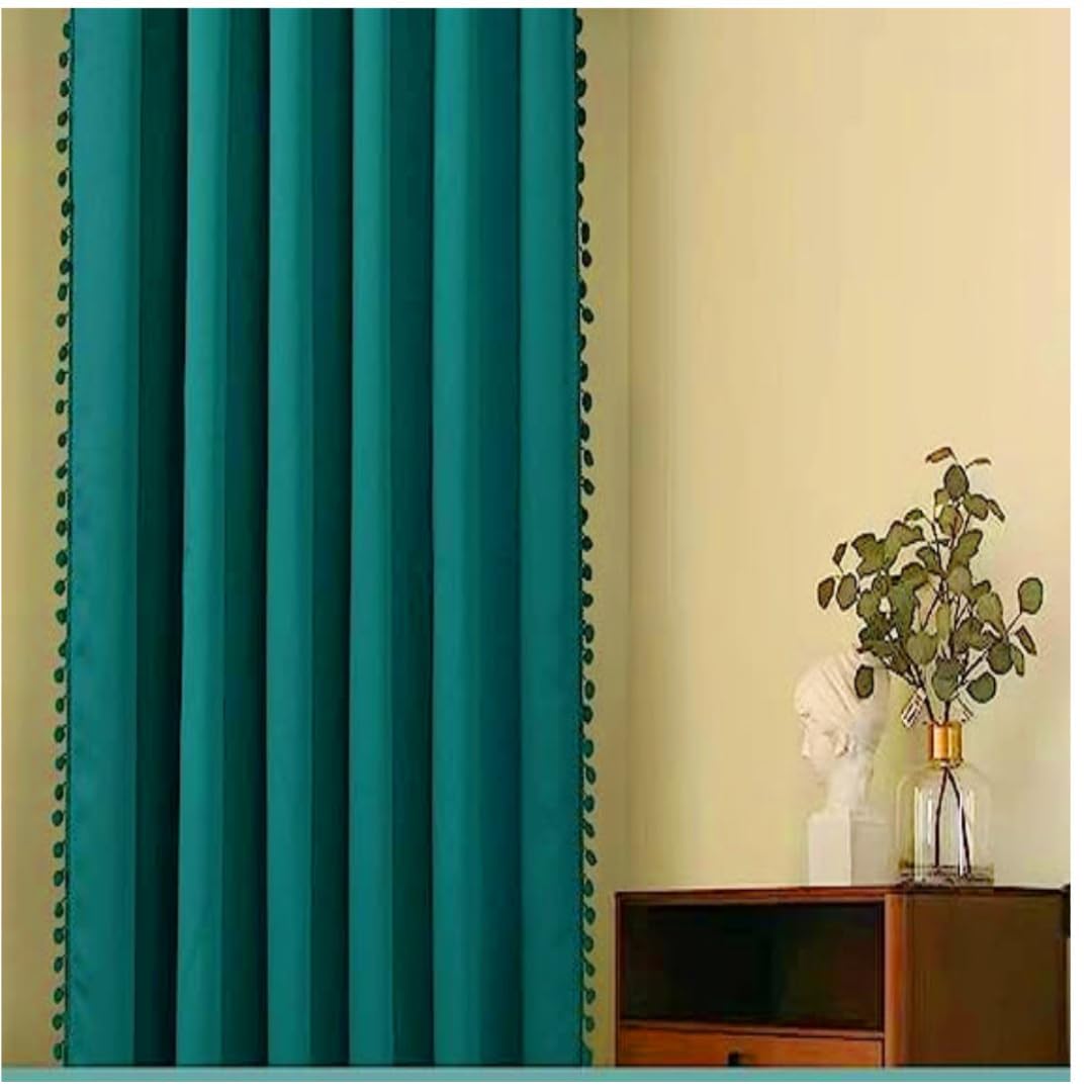 Velvet Eyelet Door Curtains with pom pom Lace for Living Room Bedroom Kitchen 9 feet 2 pc 3