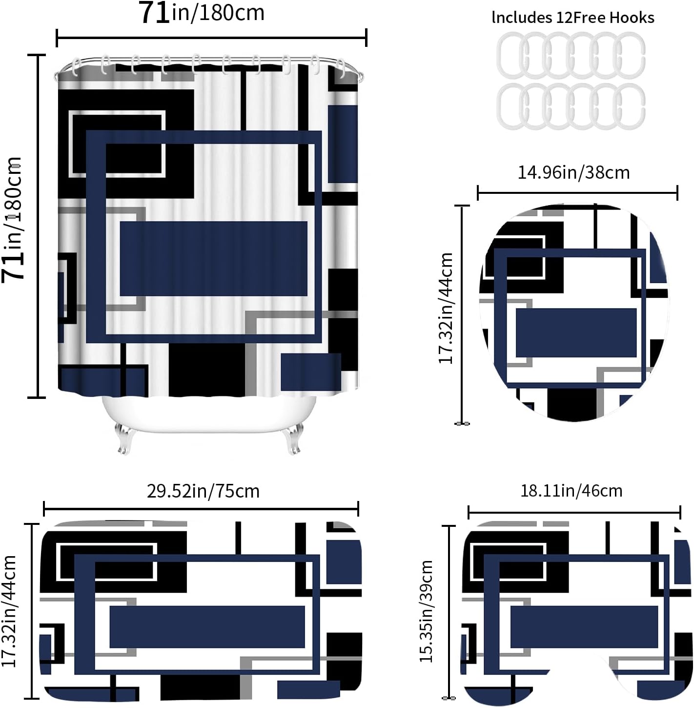 Onalasyc 4Pcs Blue Geometric Shower Curtain with Rugs Set Waterproof Blue Bathroom Sets with Shower Curtain and Rugs Abstract Geometric Modern Bathroom Curtains Shower Set with 12 pcs Hooks