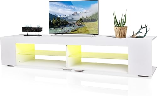 HOUAGI Soporte de TV LED para TV de hasta 75 pulgadas, moderno centro de entretenimiento de alto brillo con estante abierto, mesa consola de soporte