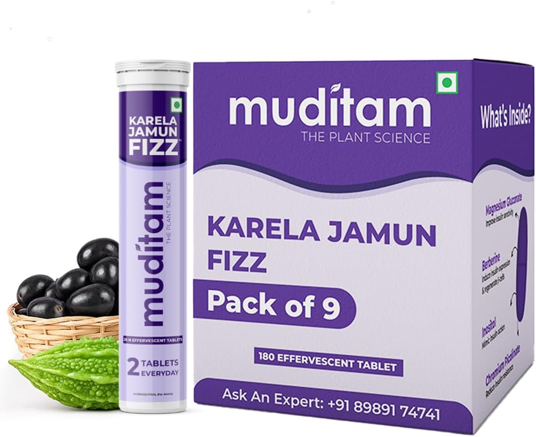 Muditam Ayurveda Karela Jamun Fizz-180 Effervescent Tablets(20eachX9Pack) | Helps in High Sugar Condition | Promotes Healthy Glucose Levels | Boosts Digestive Health| Ideal For 3 Months