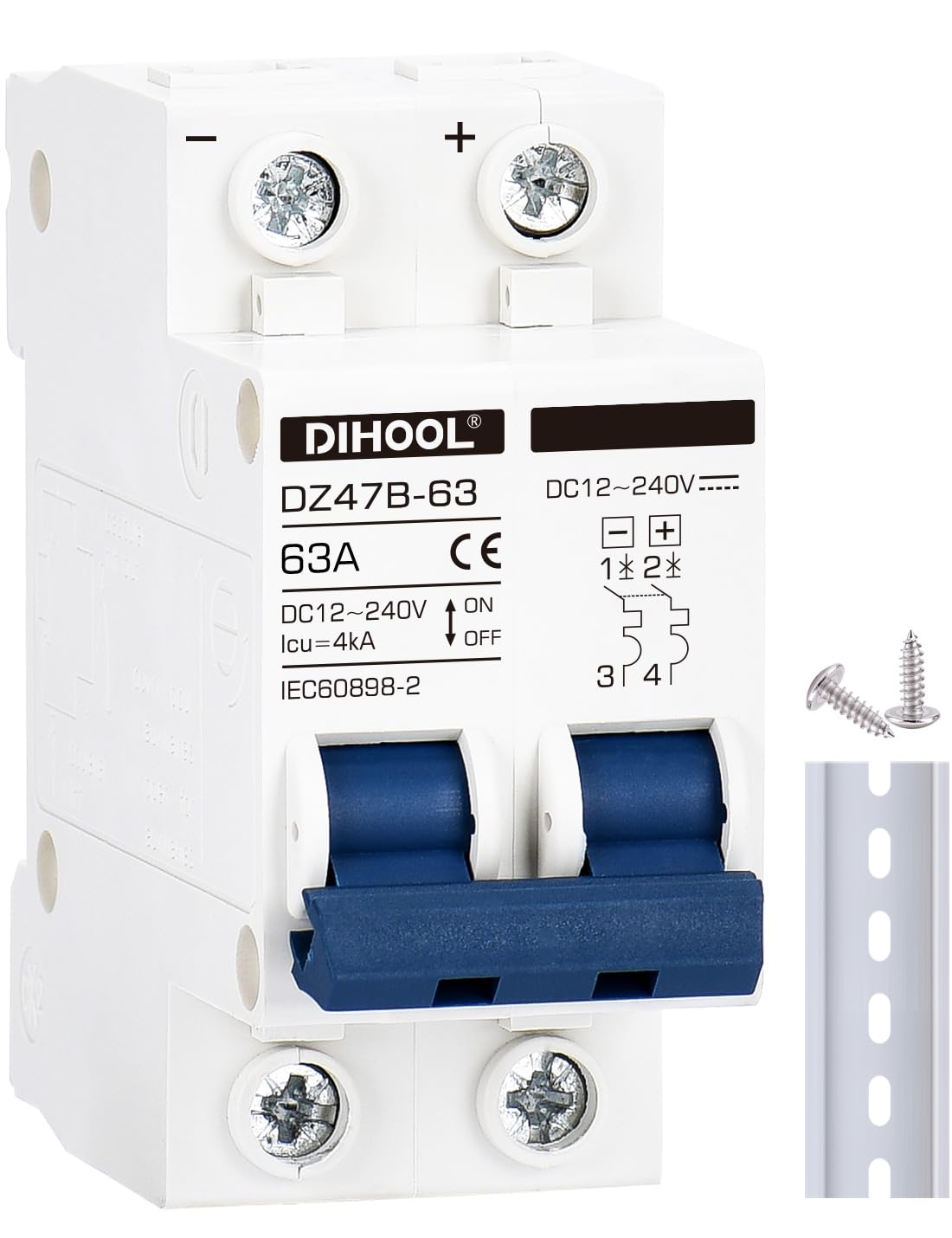 DC Circuit Breaker dz47 2P 60Amp 12V 24V 36V 48V DC MCB Short Circuit Protection Disconnect Switch Isolator for Solar Panel Battery UPS Inverter Photovoltaic PV System