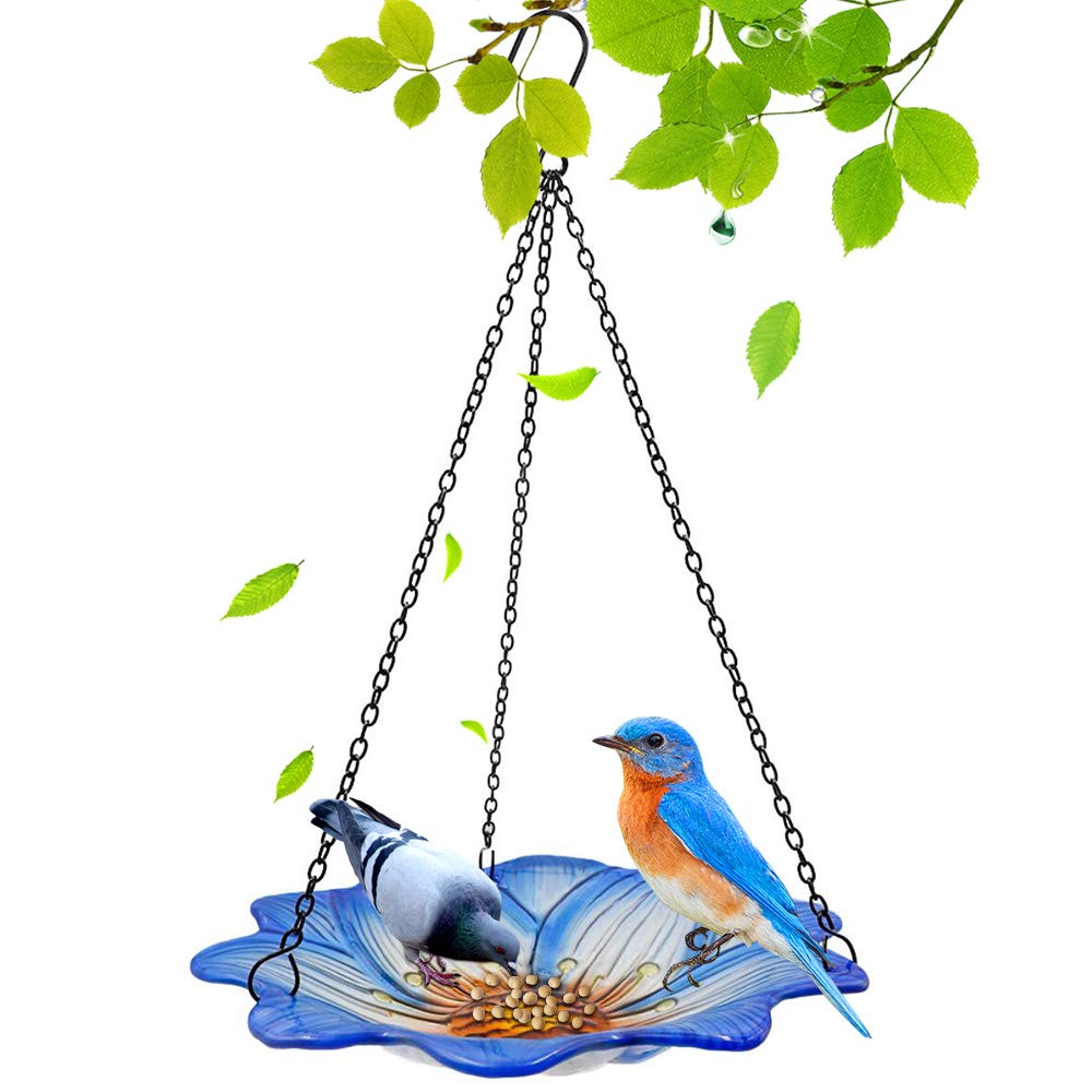 Hanging Bird Bath Bowl for Outdoors, 10 Inch Large Glass Bird Feeder for Garden Yard Patio Decor