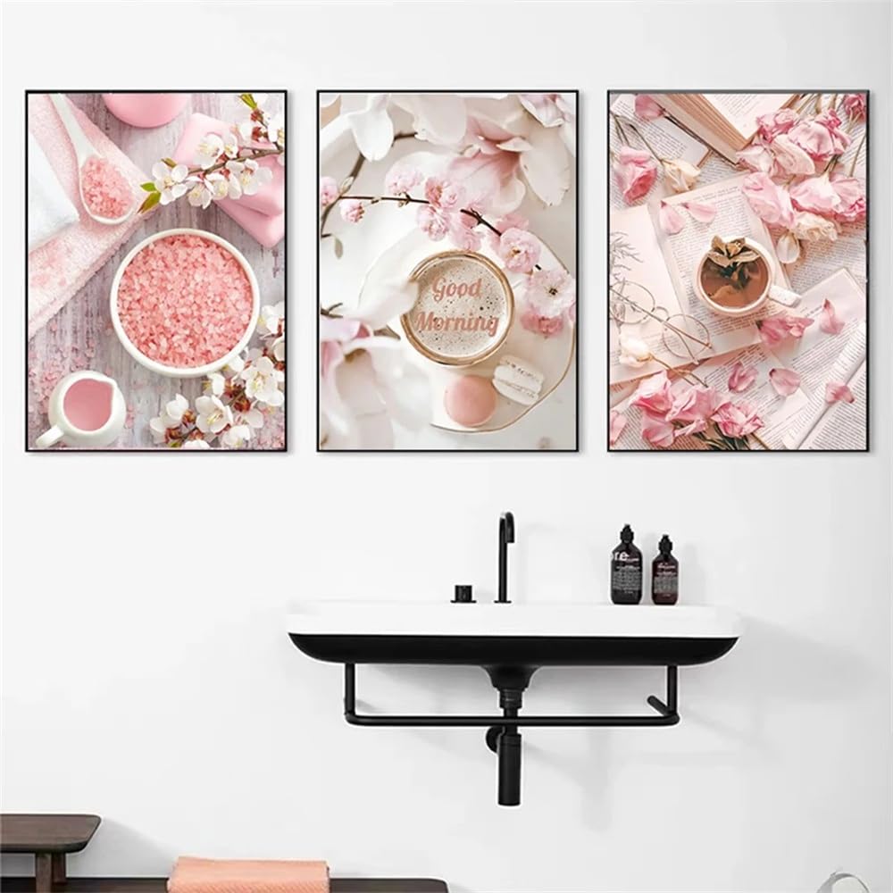 WUHBCZ Canvas Paints-Pink Flower Coffee Tea Abstract Wall Art Canvas Painting Nordic Modern Pictures for Living Kitchen Bedroom Home Decoration Aesthetic-60 * 70cm/3PCS (No Frame)