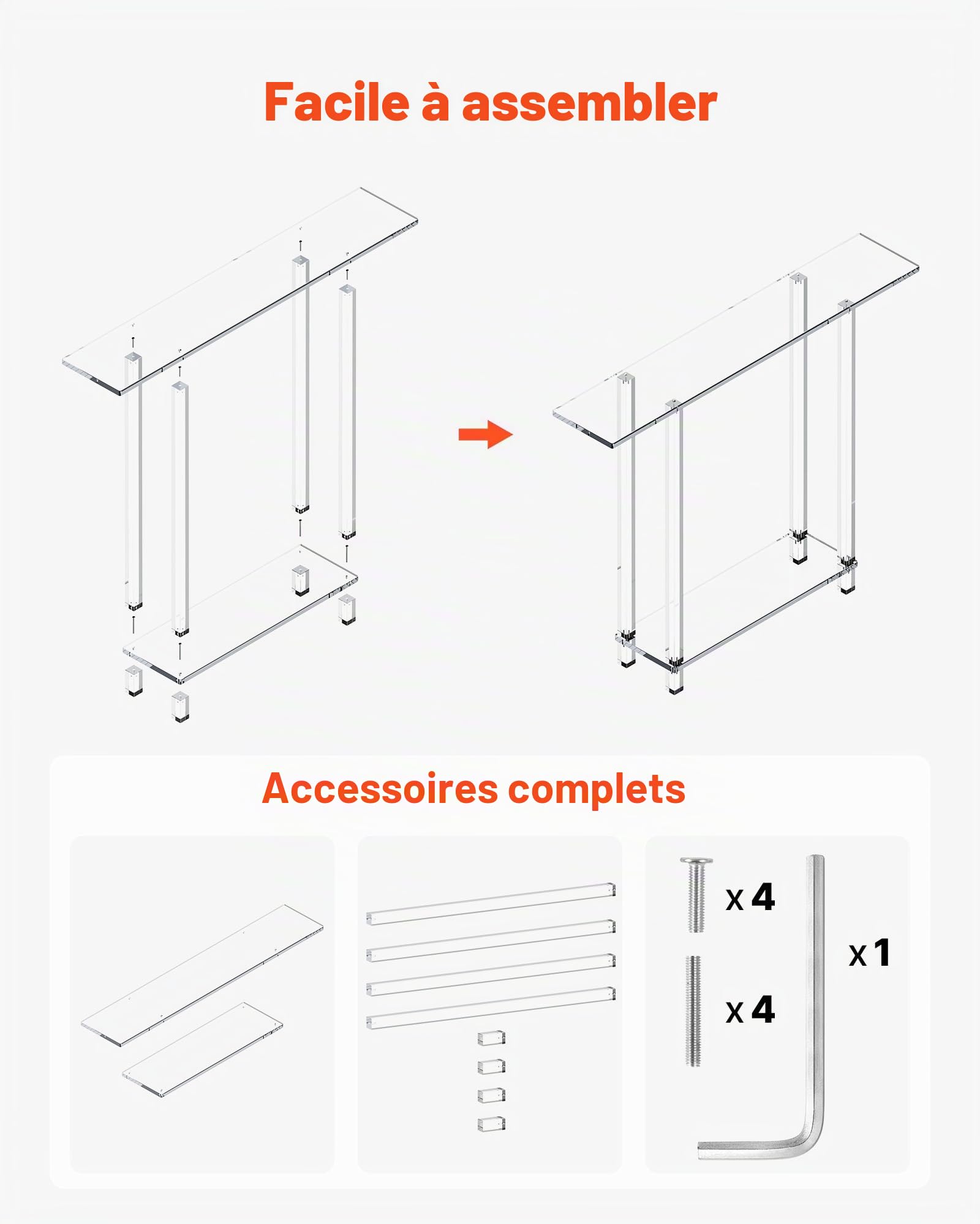 VEVOR Table Console en Acrylique, 19,3 x 100 x 80 cm, Table d'appoint étroit à 2 Niveaux avec Rangement Ouvert en Bas, Bureau d'entrée rectangulaire Moderne, pour Chambre, Couloir, Salon, Transparent