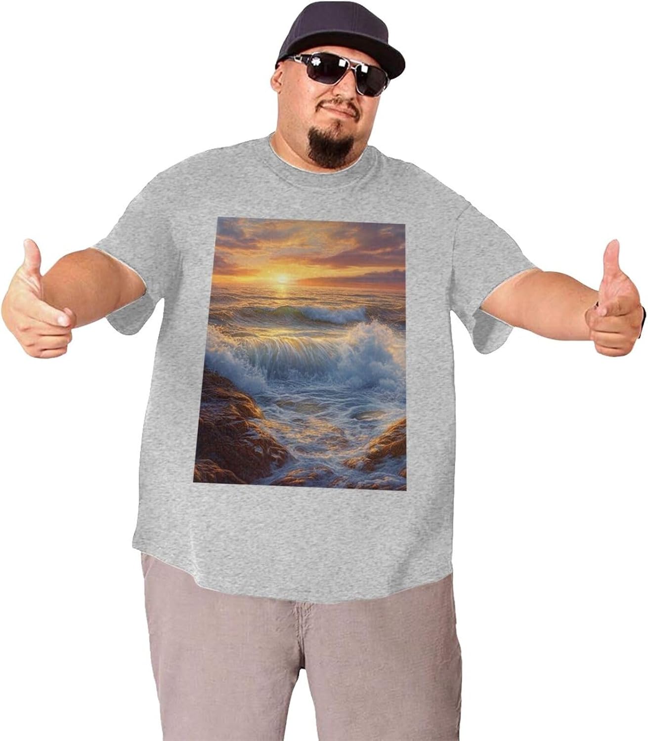 T-Shirt Plus Size Heavyweight T Shirt for Men Big and Tall Tshirts | Wave Sunset Painting Oversized Tshirts For Men Short Sleeve Upf 50+ Sun Protection T-Shirt For Casual & Daily Wear