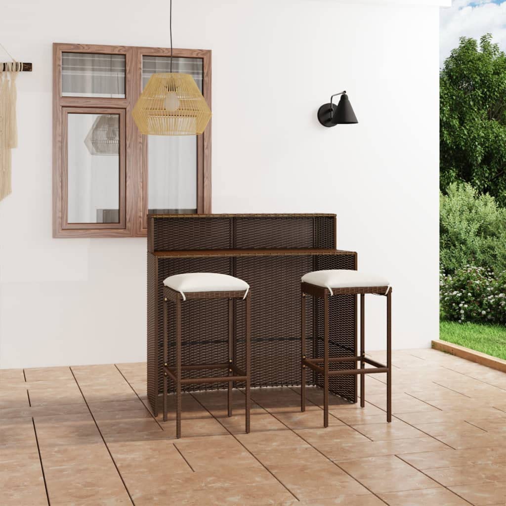 vidaXL Juego de Muebles de Bar para Jardín 3 Piezas y Cojines Mesa Silla Asiento Patio Terraza Balcón Barra Bistró Muebles Mobiliario Marrón