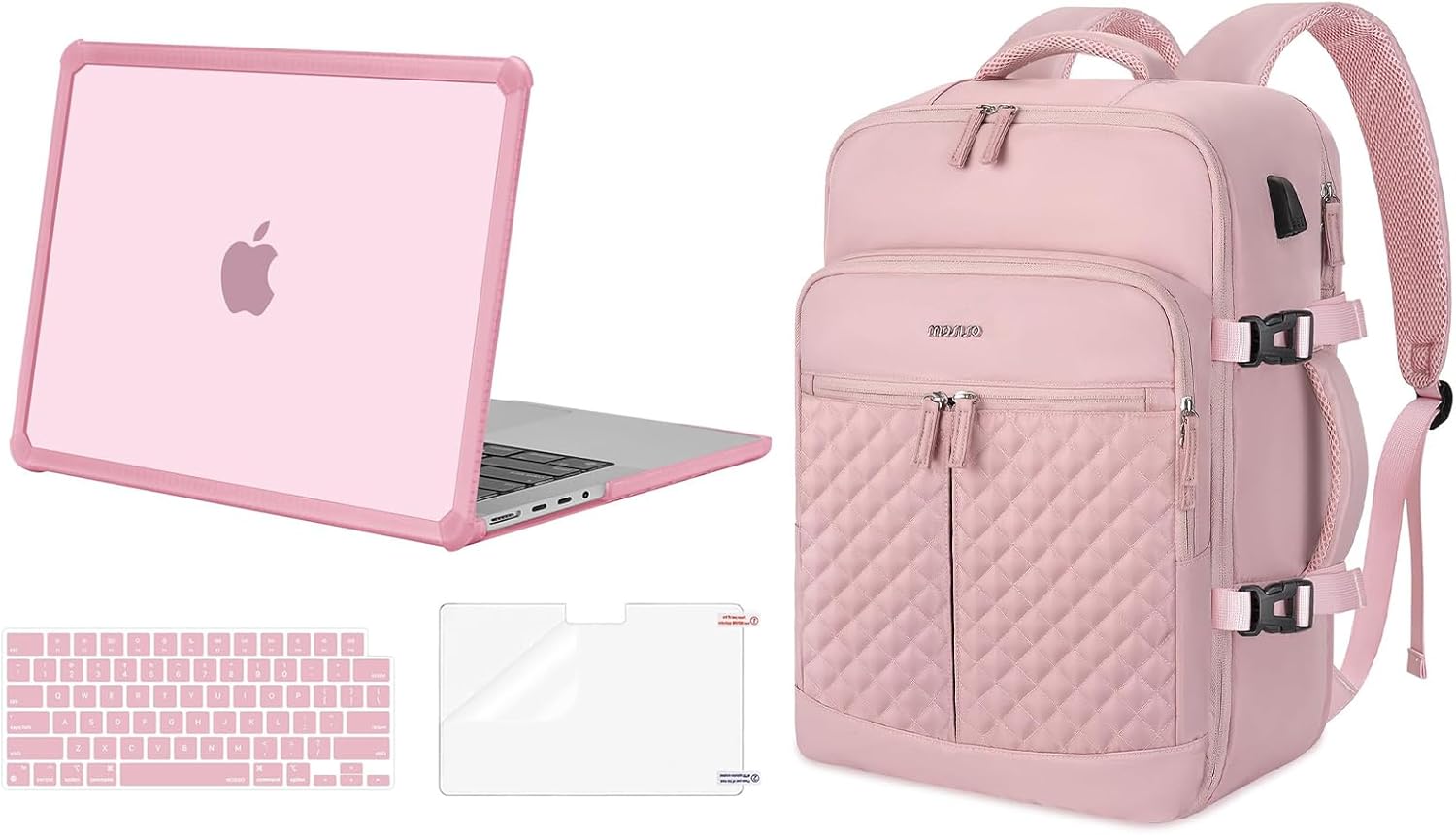 MOSISO 40L Rhombus Quilted Travel Backpack with Drawstring Bag&Compatible with MacBook Pro 14 inch Case M4 M3 M2 M1, Anti-Cracking Heavy Duty TPU Bumper Case&Keyboard Skin&Screen Film, Pink&Chalk Pink