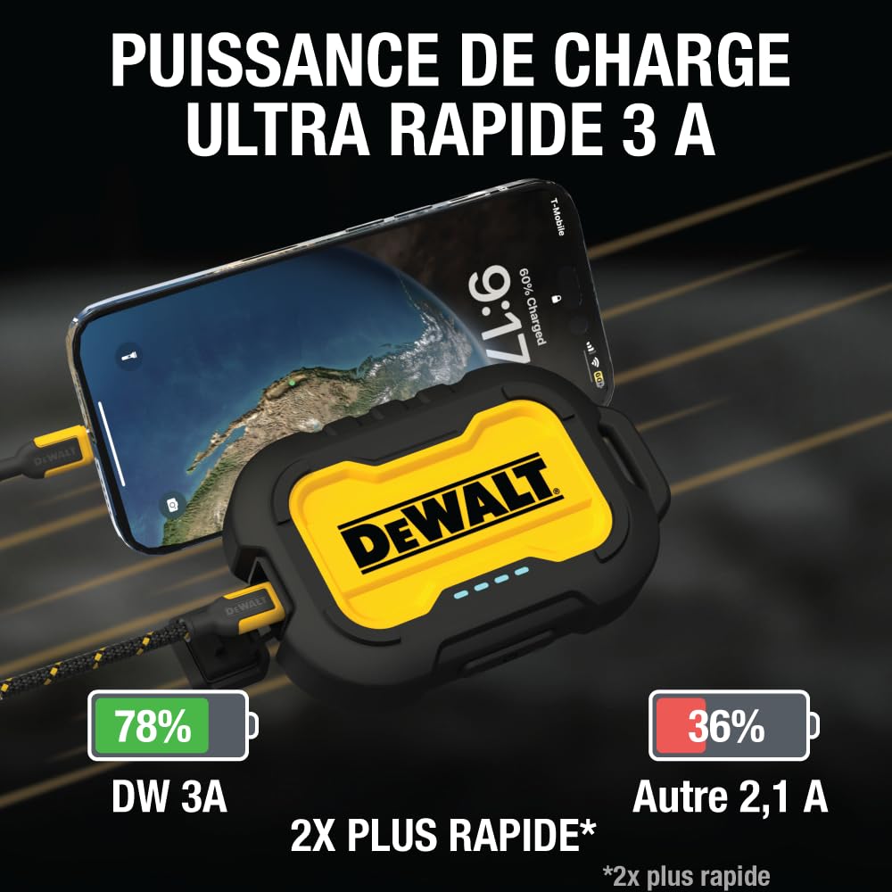 DEWALT Chargeur Portable DEWALT, Power Bank, Batterie 10 000 mAh avec Port USB-C pour iPhone 16/16 Plus/16 Pro/16 Pro Max, iPhone 15 Series 14/13, Samsung Galaxy