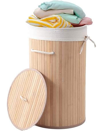 USHA SHRIRAM Foldable Bamboo Laundry Basket With Lid | Sustainable &amp; Eco-Friendly | Travel Essential | Solid Laundry Basket (35cmx35cmx60cm) | Easy To Carry (1 Pcs, Natural)