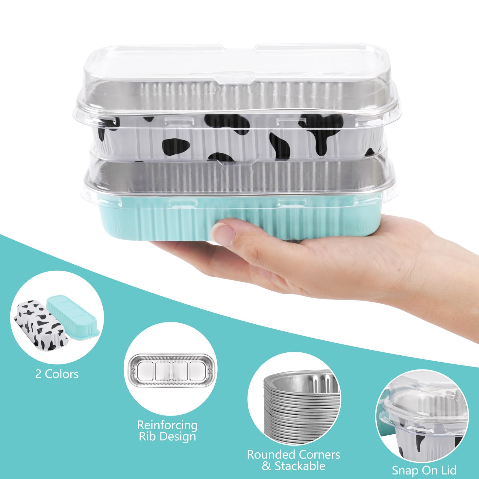 Paquete de 200 mini moldes para pan con tapas y calcomanías de sellado, moldes desechables de papel de aluminio para hornear magdalenas, tarta de queso, ramekin (6.8 onzas, estampado de vaca