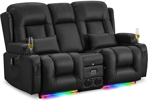 URRED Sofá reclinable de dos plazas con masaje y calor, sofá biplaza reclinable eléctrico con consola, asiento de cine en casa con luces LED,