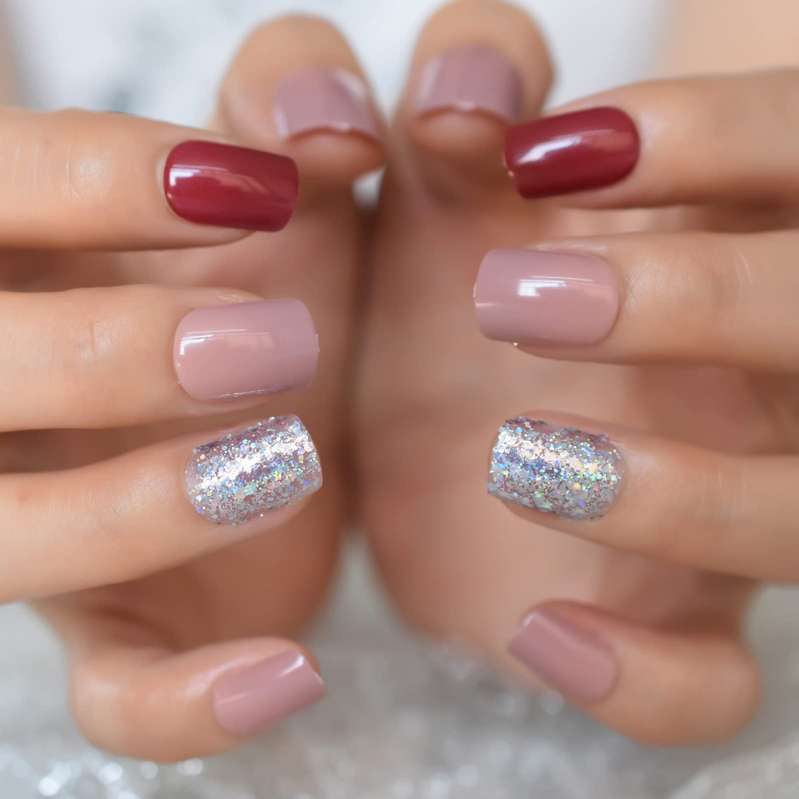 24pcs Press on Nails Short Square Fake Nails Bling Christmas Red Pink Holo Glitter False Nails French Tip Acrylic Nail Full Cover Stick Glue on Nails
