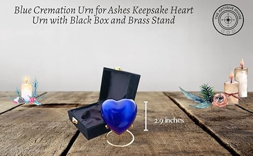 Blue Cremation Urn for Ashes Keepsake Heart Urn with Black Box and Brass Stand Mini urn for Your Loved one Adult & Funeral Burial for Adults and Infants
