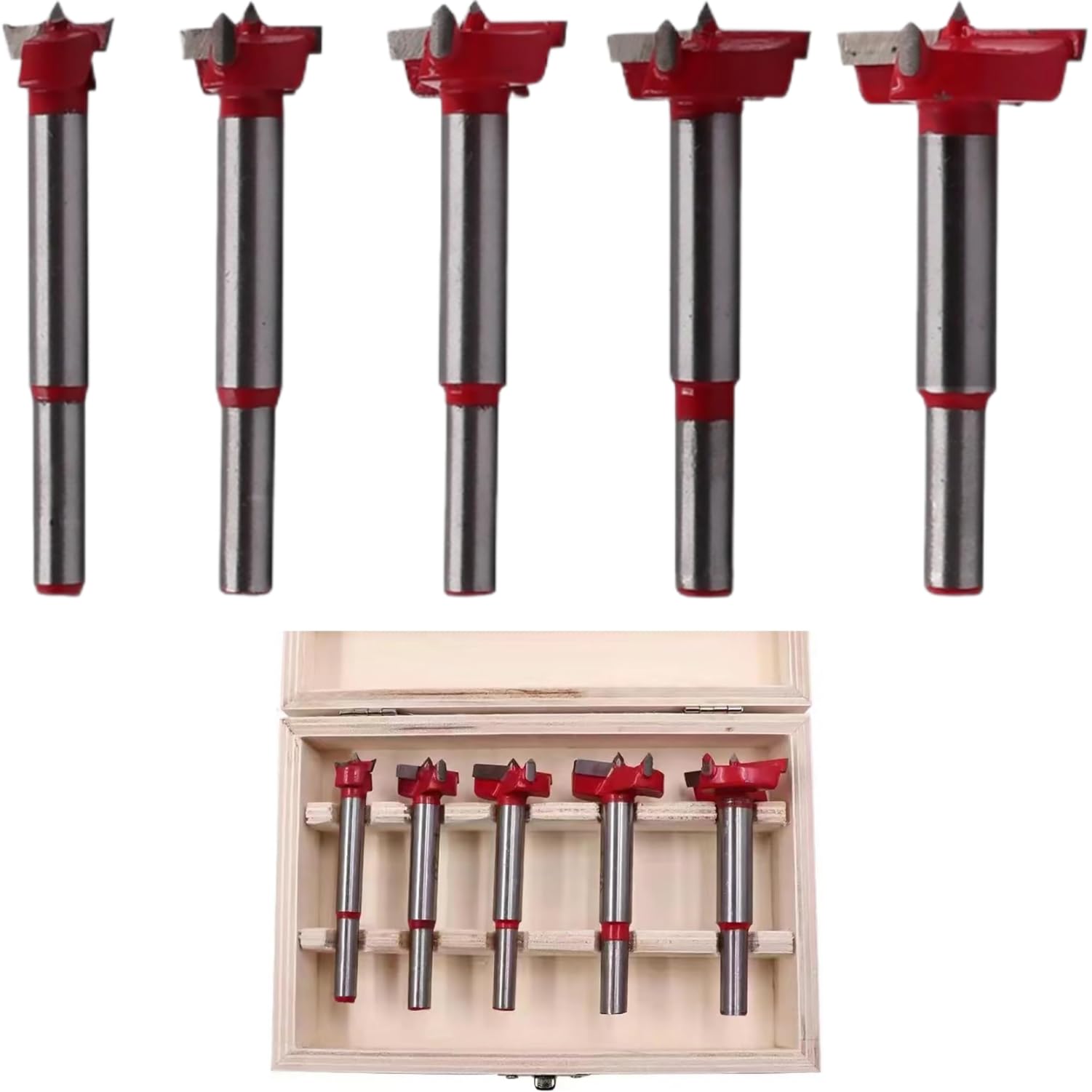 KOOLEVER 5 PCS Forstner Drill Bit Set, 15/20/25/30/35mm Positioner Drill Bit Set Cemented Carbide Woodworking Hole Saw, Alloy Hinge Cutters Precision Boring Bits for Wood and Plastic Hole Cutter