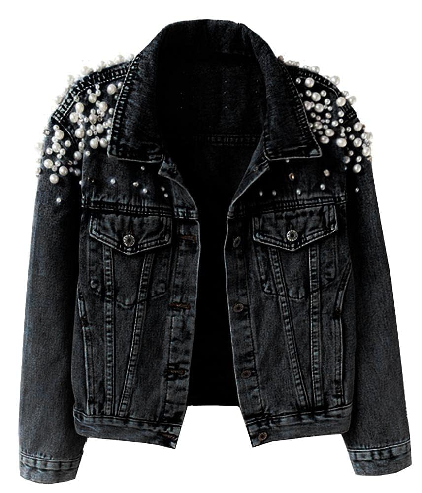 Kedera Damen-Jeansjacke, bestickt, Nieten, Perlen, Kurze Jeansjacke, personalisierbar
