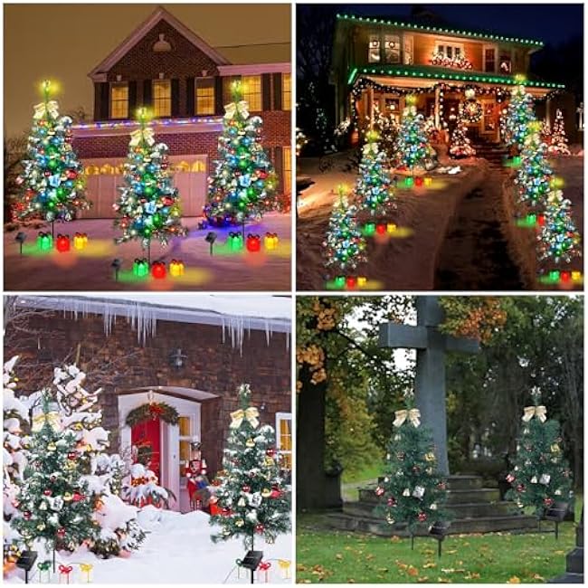 Aukora Solar Christmas Tree Lights Outside Decorations 31 in,8 Modes Christmas Light Outdoor Waterproof with 23 Xmas Accessories & 3 Gifts Box Lights for Garden Pathway Cemetery Decorations,2Pack