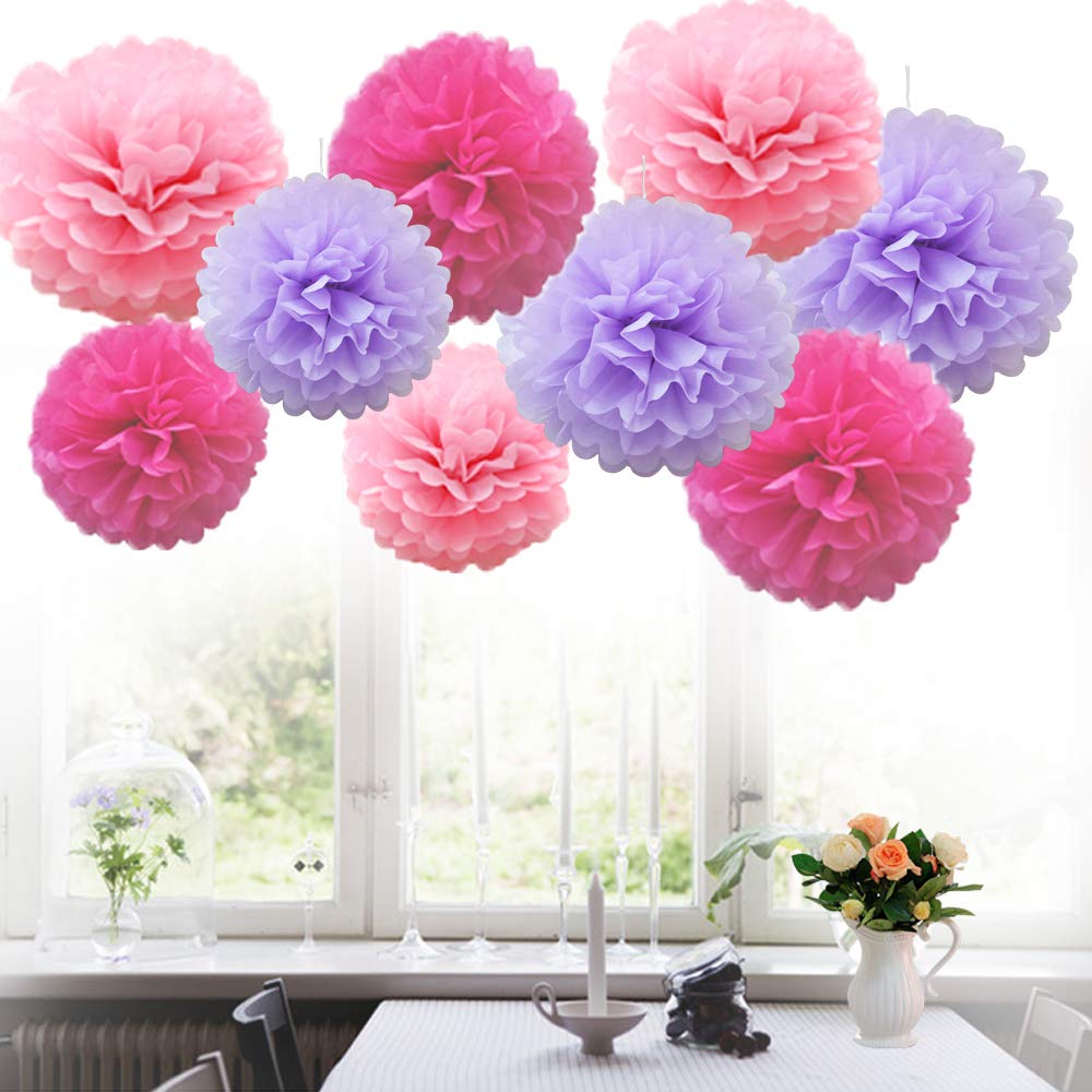 Time to Sparkle 9 Pack Mixed Tissue Paper Pompoms Pom Poms Flower Wedding Party Decoration (9X Poms-Purple)