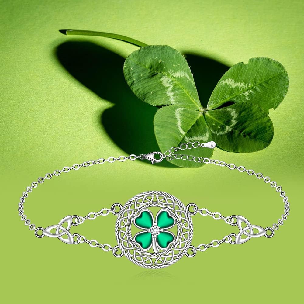 Shamrock Four Leaf Clover Bracelet for Women St Patricks Day Bracelet Sterling Silver Celtic Knot Irish Green 4 Leaf Clover Shamrock Bracelets Jewelry Charm Good Luck Gifts - Image 6