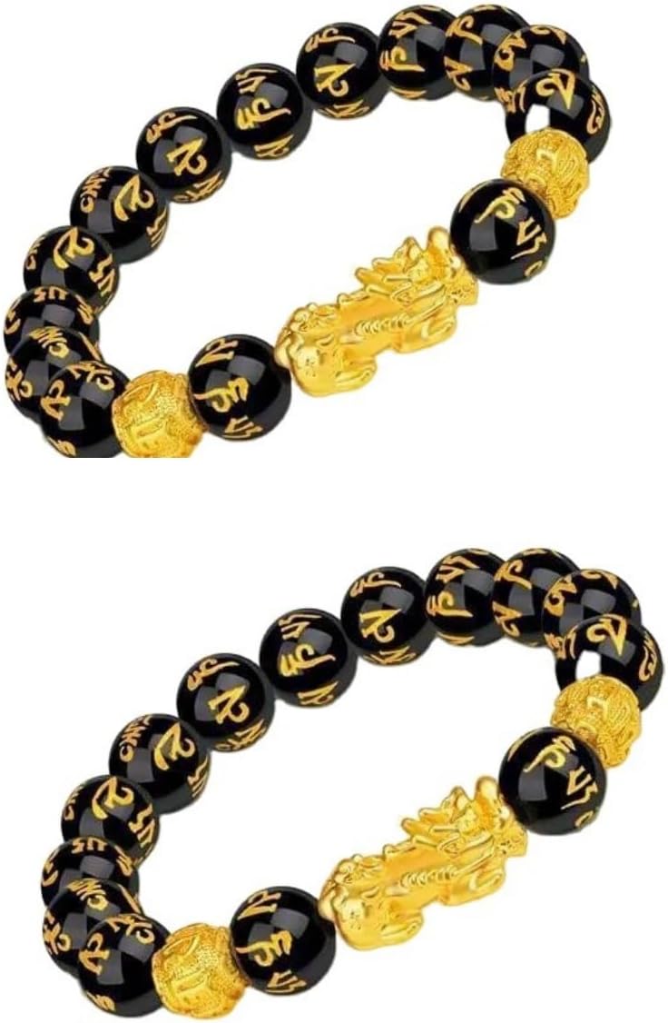 2Pcs Pixiu Wealth Bracelet FengShui Wealth Luck Bracelet Black Obsidian Buddha Beads Elastic Bracelet for Women Men