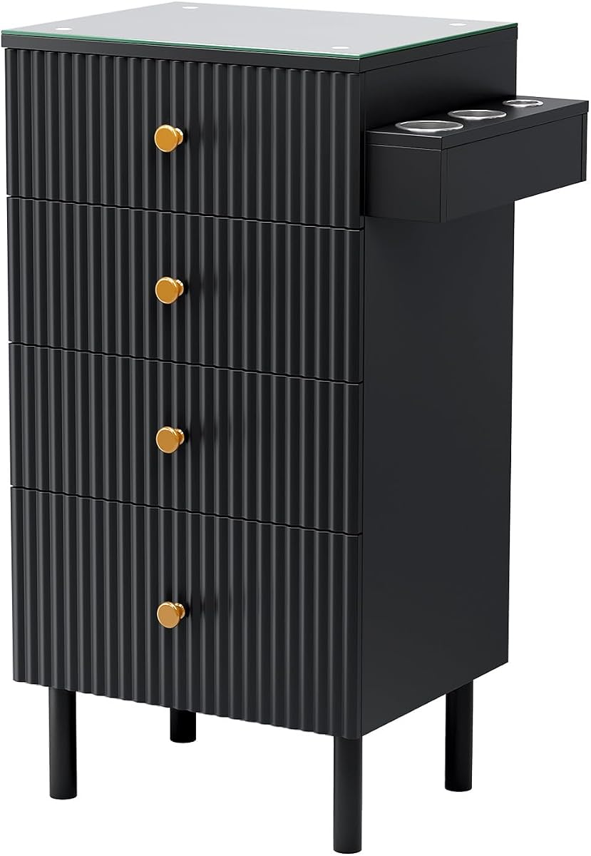 OmySalon Salon Station, Barber Station for Stylist, Hair Storage Cabinet with Glass Top & 4 Drawers & 3 Heat Resistant Tool Holders, For Beauty Spa, Salon, Black