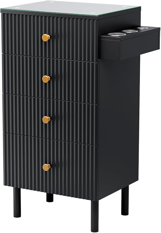 OmySalon Salon Station, Barber Station for Stylist, Hair Storage Cabinet with Glass Top & 4 Drawers & 3 Heat Resistant Tool Holders, For Beauty Spa, Salon, Black