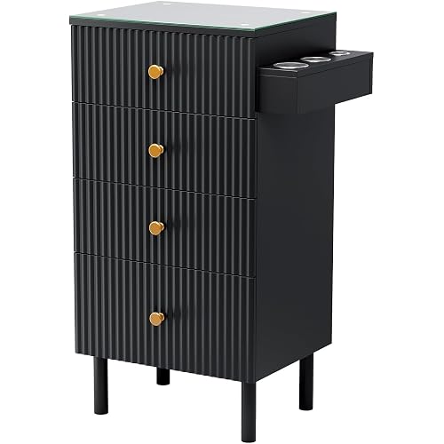 OmySalon Salon Station, Barber Station for Stylist, Hair Storage Cabinet with Glass Top & 4 Drawers & 3 Heat Resistant Tool Holders, For Beauty Spa, Salon, Black
