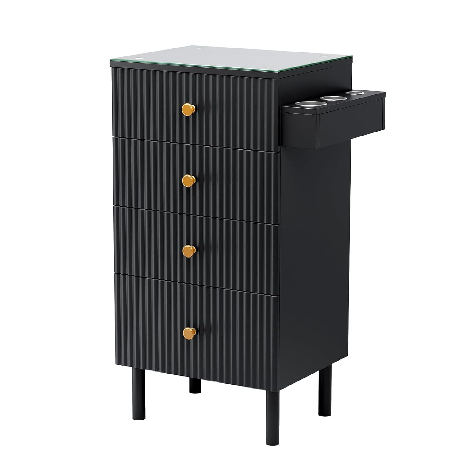 OmySalon Salon Station, Barber Station for Stylist, Hair Storage Cabinet with Glass Top & 4 Drawers & 3 Heat Resistant Tool Holders, For Beauty Spa, Salon, Black