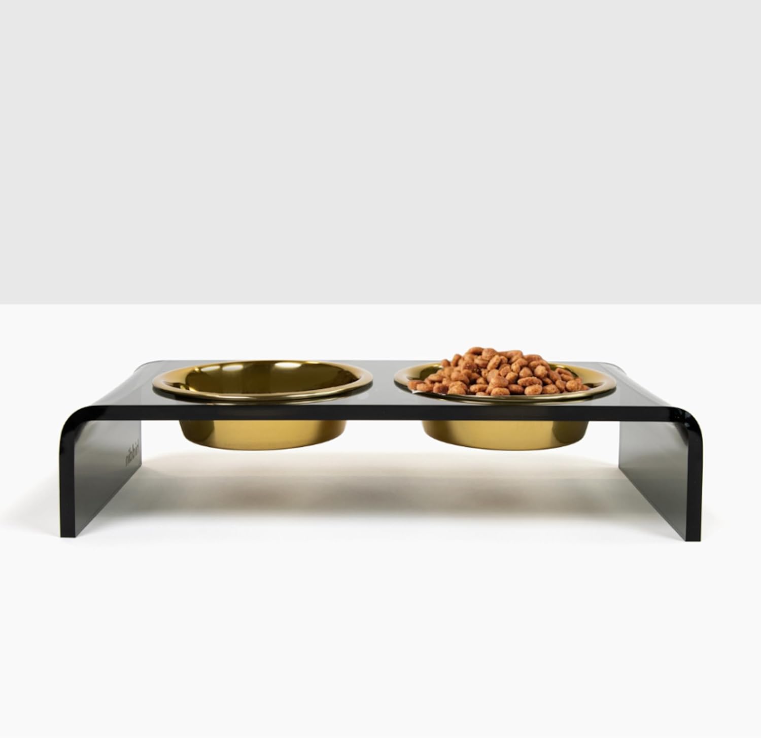 Hiddin Double Elevated Dog Bowl Stand for Small or Medium Dogs, All Breeds, Smoke Grey Acrylic 3.5 Inch Raised Dog Bowl Stand with Two Gold Bowls for Food and Water - 1.5 Cups Each Dish