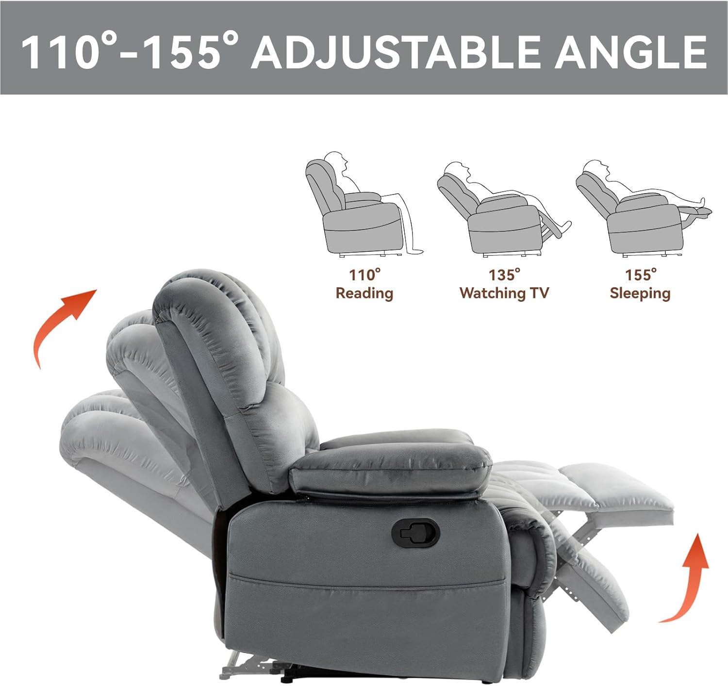 Large Boy Lazy Recliner Chair for Adult, Comfortable Manual Single Recliner Sofa in Velvet Fabric, Oversized Reclining Chair for Living Room, Bedroom (Dark Grey)