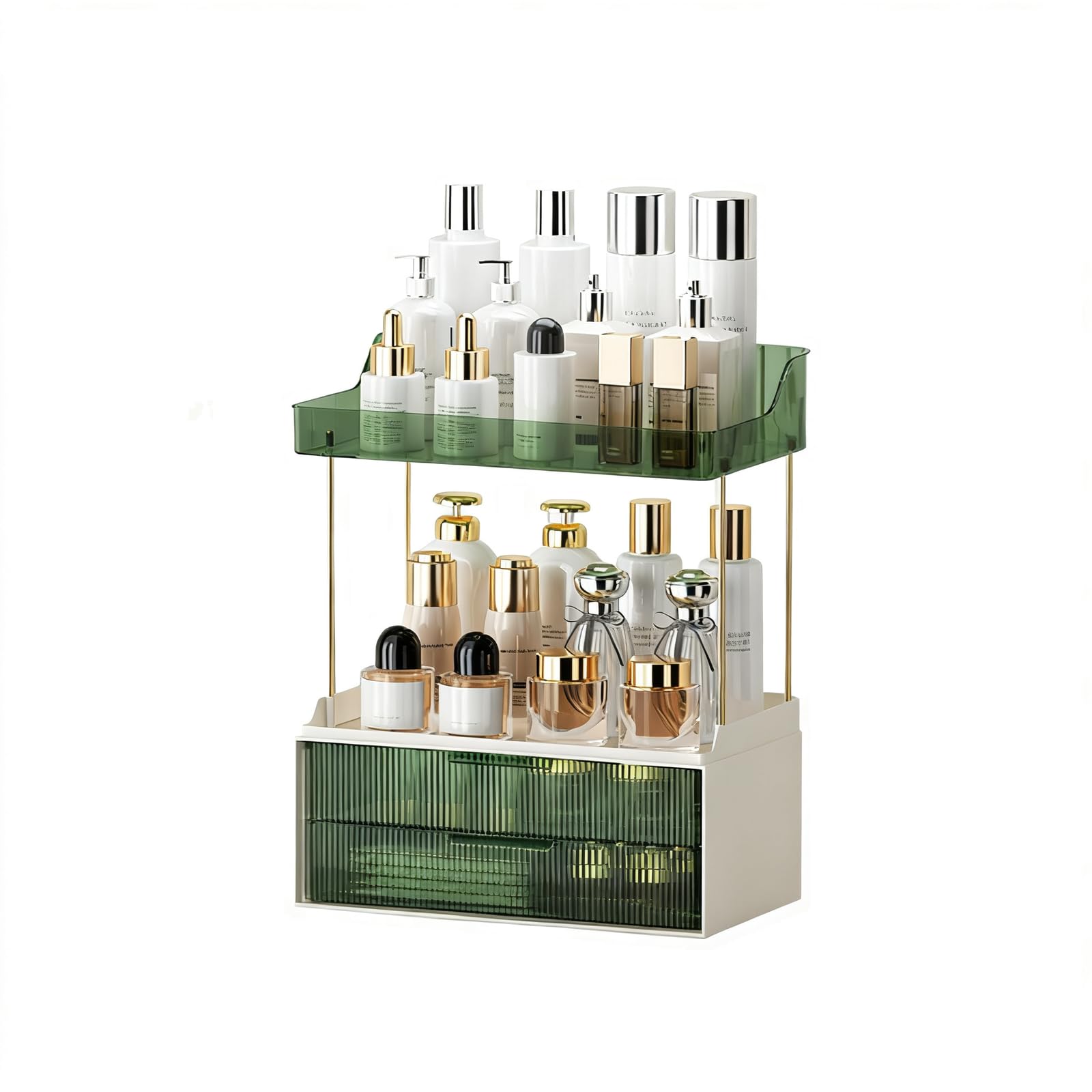 TWISAXC Practical Bathroom Organizer With 3 Tier Vanity Organizer Featuring 2 Open Shelves And 2 Large Drawers For Effortless, dark green