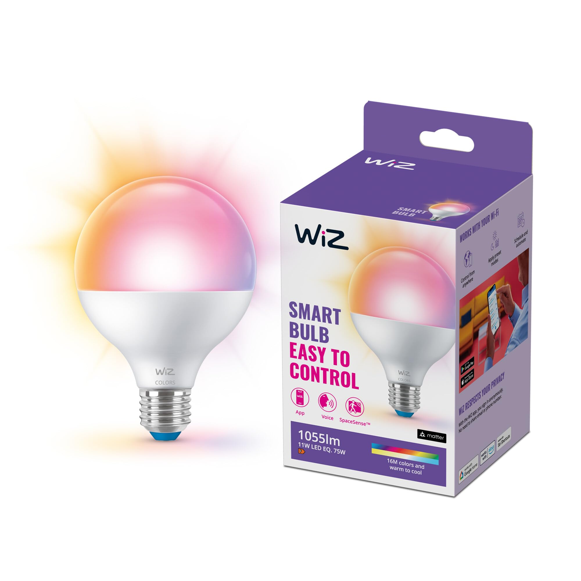 WiZ G95 LED Lampe Tunable White und Color, 75W, dimmbar, 16 Mio. Farben, smarte Steuerung per App/Stimme über WLAN