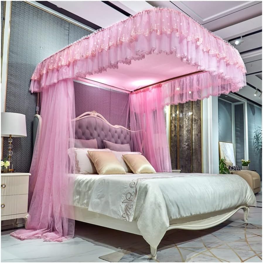 Moustiquaire de lit luxe rose avec support en métal en U pour chambre de fille