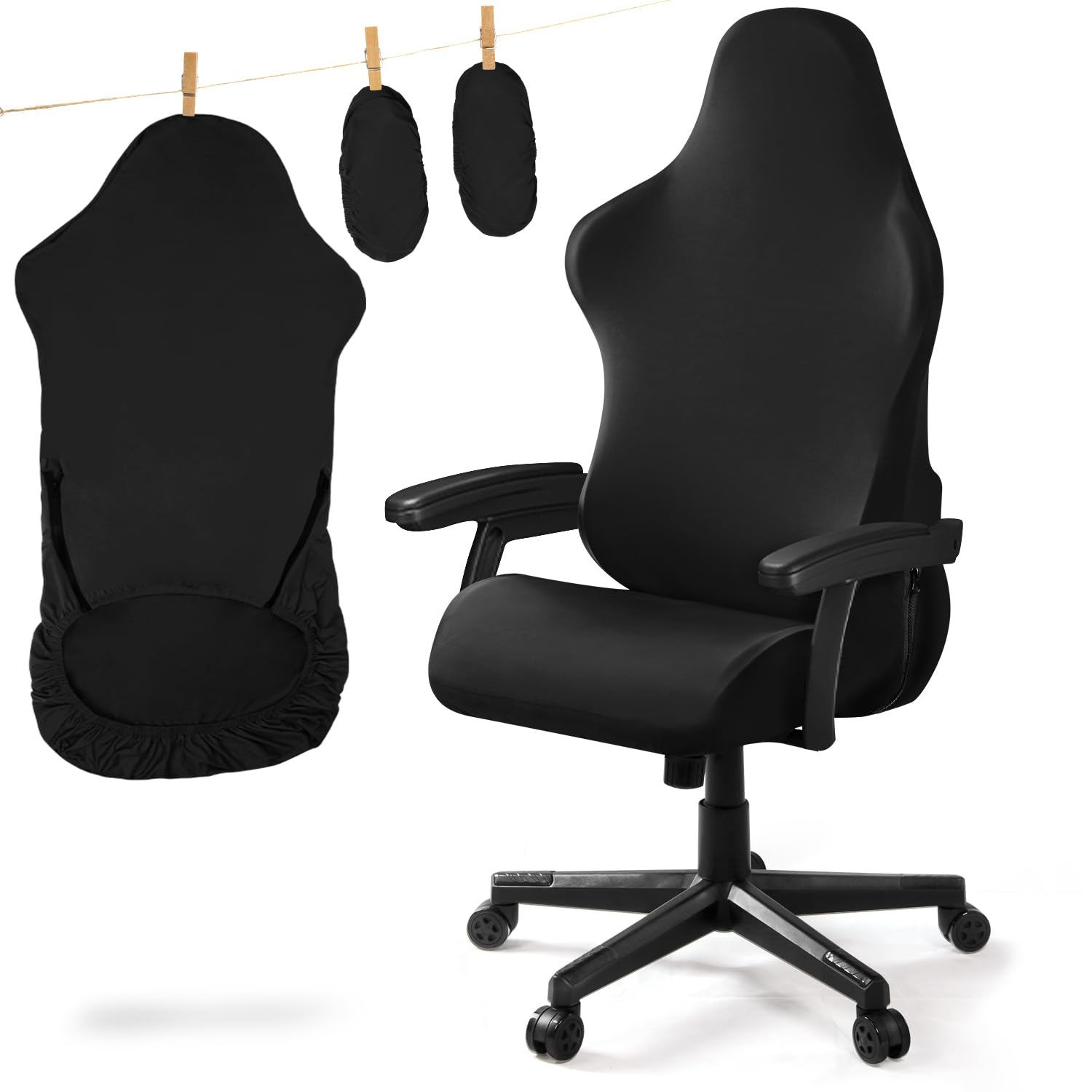 Gaming Chair Cover, Universal Elastic Gaming Chair Cover, Washable and Removable Chair Covers for Racing Style Chair (No Chair) (Black, 1Set)-U