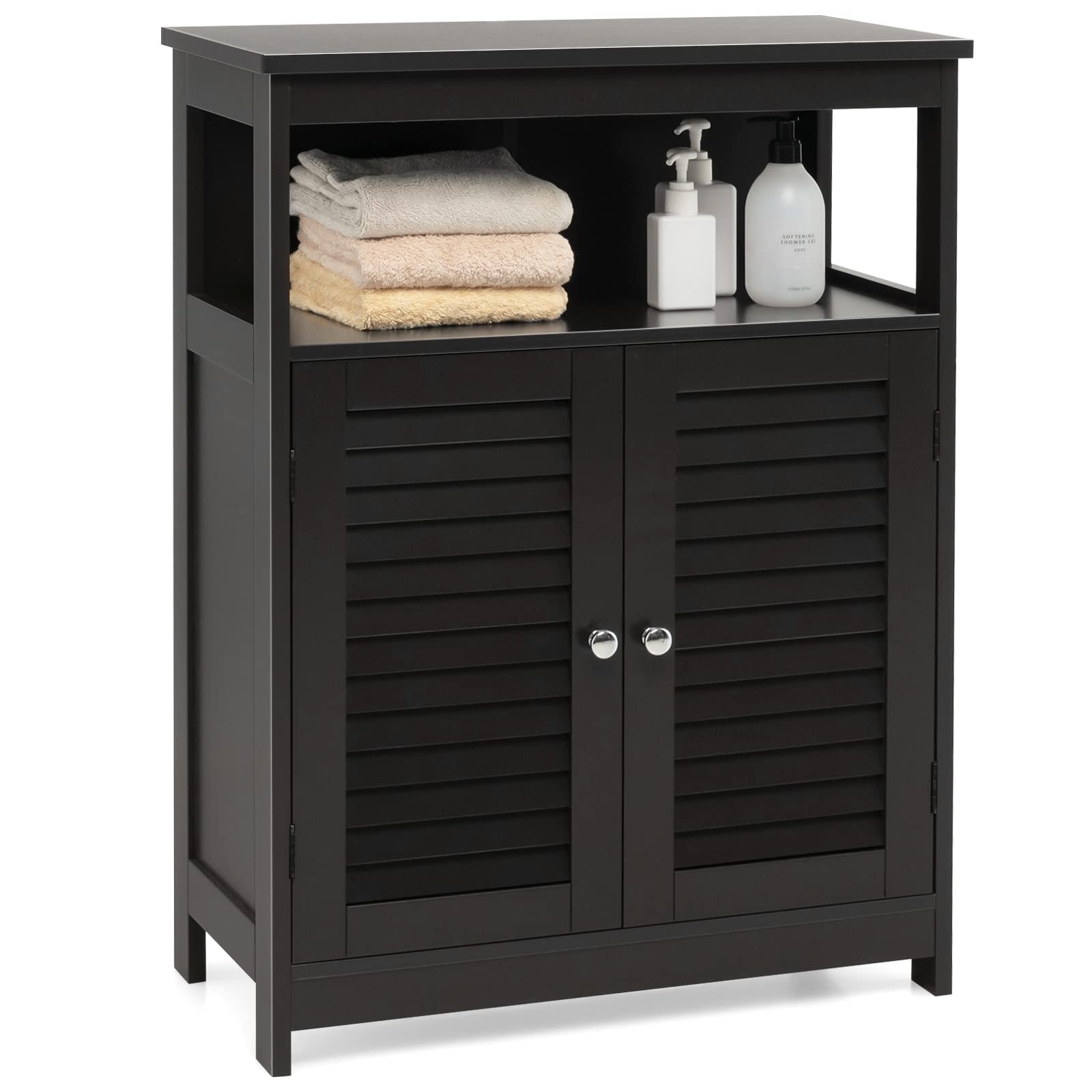 COSTWAY Bathroom Floor Cabinet, Wooden Freestanding Storage Cupboard with Double Shutter Door and Adjustable Shelf, Side Cabinet Organizer Unit for Living Room Bedroom (Middle Open Compartment, Black)