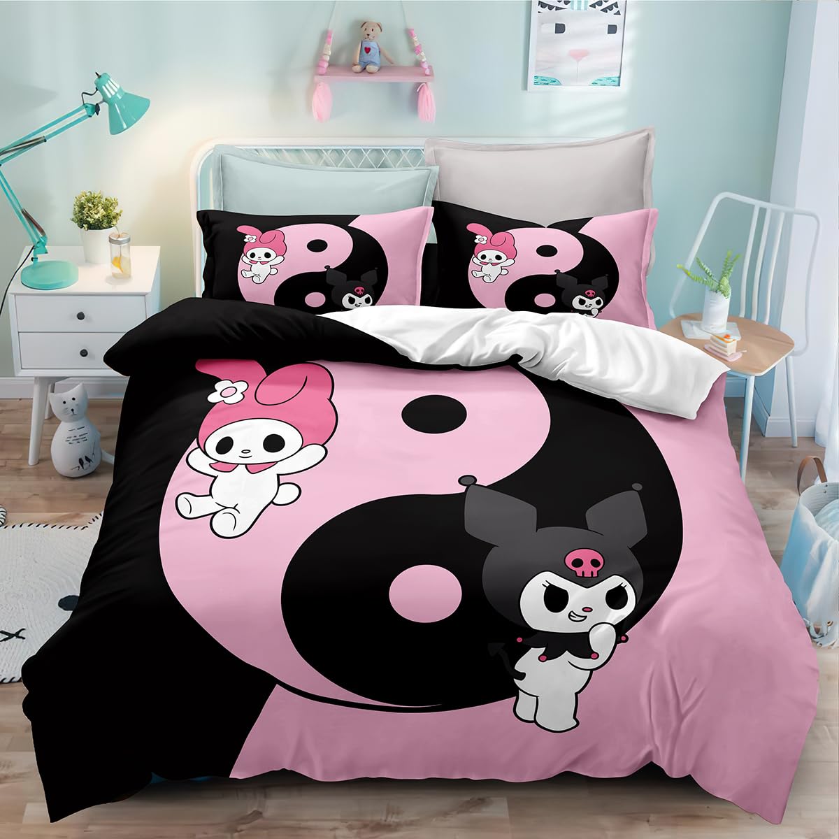 ♥koromo様♥ ZILOOK Conjunto de cama Kuromi de 3 peças, estampado, capa de