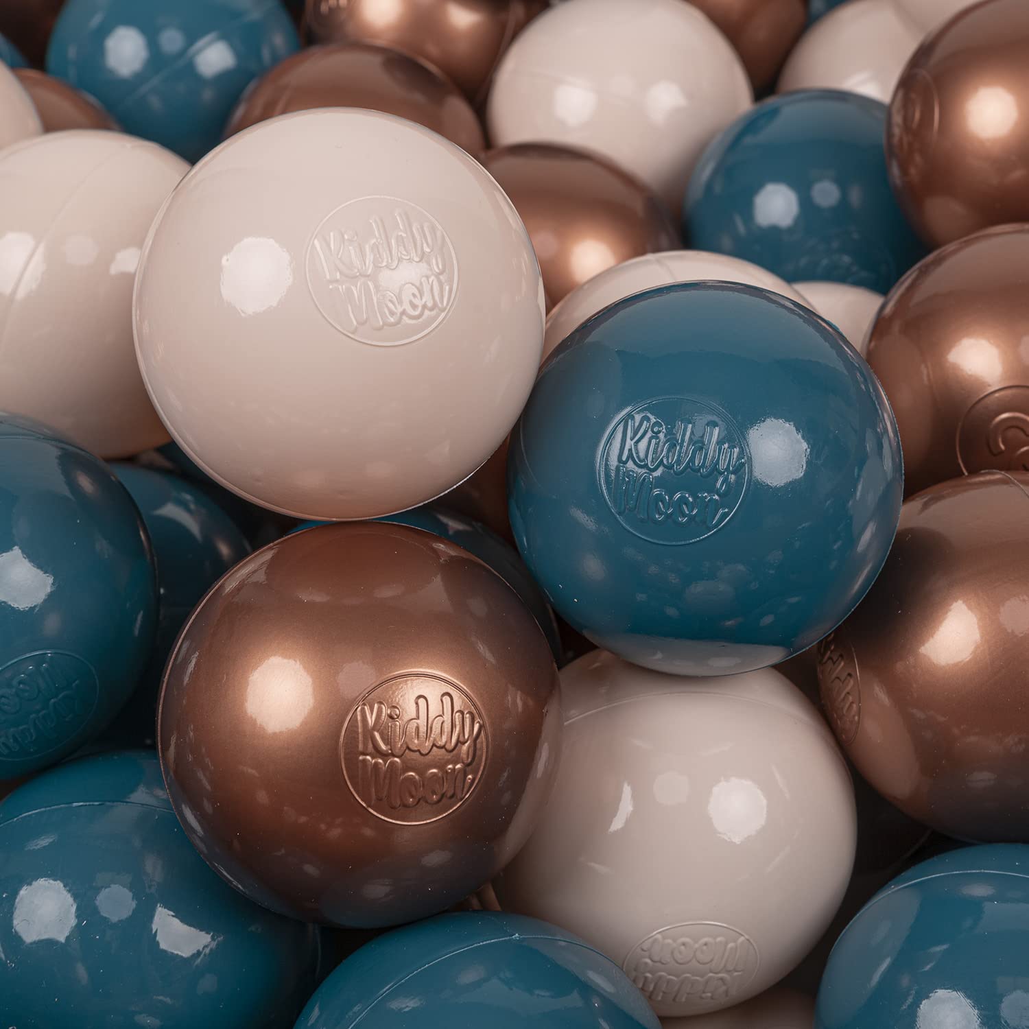 KiddyMoon Soft Plastic Play Balls 300 Balls/7Cm-2.75In Multi-Colour Made In EU, Dark Turquoise/Pastel Beige/Copper