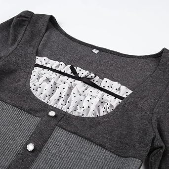 Y2k Clothing Korean Fashion Polka Dot Print Contrast Patchwork Knitted Tops Grey Cute Bow T-Shirts Slim Crop Tops