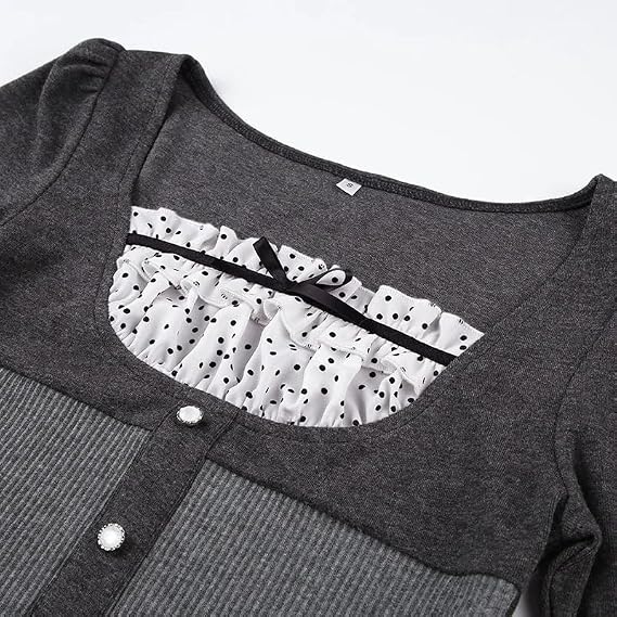 Y2k Clothing Korean Fashion Polka Dot Print Contrast Patchwork Knitted Tops Grey Cute Bow T-Shirts Slim Crop Tops