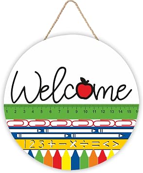 PAMBO Welcome Sign for School Classroom, Ruler & Pencil Wooden Back to School Door Sign for Classroom Yard Outside Wreath Hanging Decorations 12inch